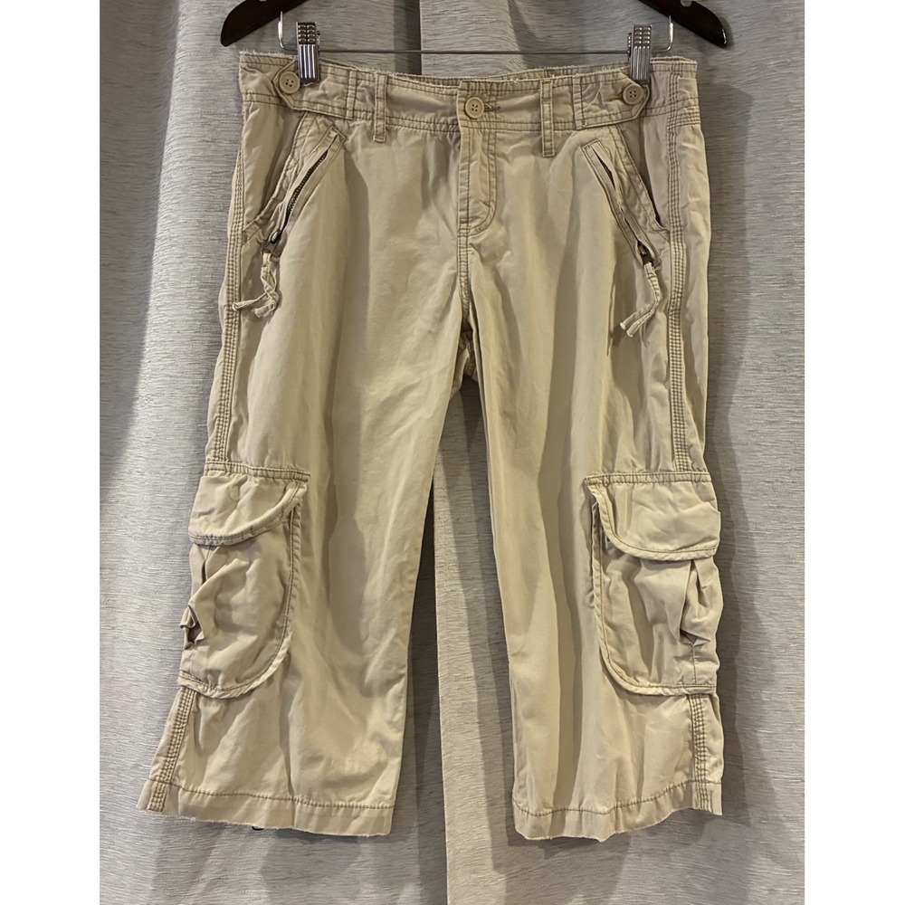Jordache Y2K Cargo Capri Pants Beige Embroidered Low Rise Skate Grunge Size 9/10